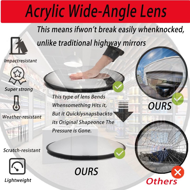 12” Acrylic Indoor Convex Mirror with Plastic Back,Adjustable Wide Angle