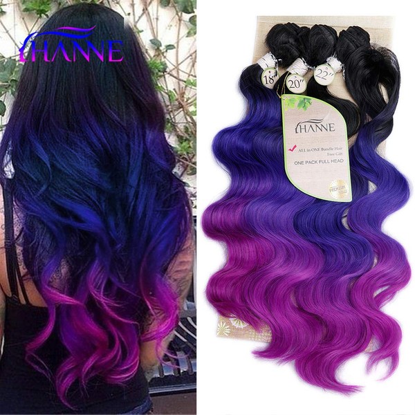HANNE Ombre Color Hair Synthetic Body Wave Hair 18"20"22" with Closure Heat Resistant Fiber Hair Colorful Synthetic Hair Extensions (Black&Blue&Purple)