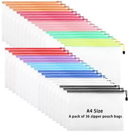 36 pcs Mesh Zipper Pouch,11 Colors,Water Proof File Bags,A4 Size Multipurpose for Office, School, Board Game, Puzzles, Cosmetics, Travel, and Home Supplies Organization Storage