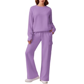 PINSPARK Tracksuits Women 2 Piece Sets 2024 Fall Oversized Sweatsuits Comfort Loungewear Sets Fleece Sweatshirt Thumbholes Loose Cargo Sweatpants with Pockets Cozy Matching Set, Lilac Medium