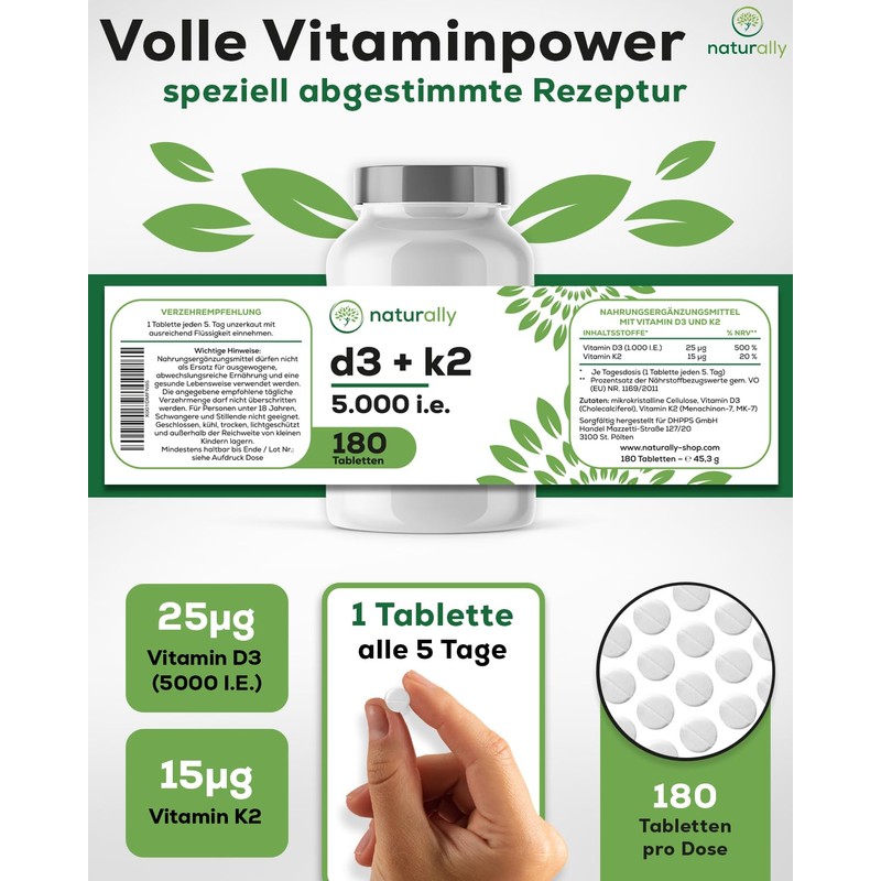 Natural Vitamin D3 K2 Tablets High Dose - 5000 IU