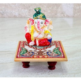 eSplanade Marble Chowki with Ganesha Ganpati Murti Idol Statue Sculpture | Pooja Idols | Home Decoration - Small Size