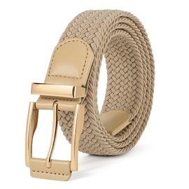 JASGOOD Stretchy Braided Belt for Men Elastic Woven Belt for Jeans Pants 1 3/8" Casual Men Women Golf Belt, Gift Box(Beige, 51''-55'' waist adjustable)