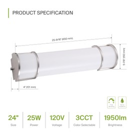 ASD LED 24 Inch Flush Mount Vanity Lighting Fixture | 25W 1950LM 3000K-5000K 120V | 3CCT, Dimmable, Energy Star, ETL Listed | Bathroom Linear Wall Light Bar, Long Tube Bath Sconce | Nickel, 2 Pack