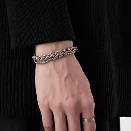 Pazciay Mens Stainless Steel Bracelets, 5MM Layered Silver Cuban Link Chain Bracelets for Men Women, 7.5"+2"