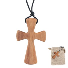 Yharnamite Natural Wood Cross Pendant Necklace with Adjustable Leather Cord, Wood Cross Necklace for Men Women (B)