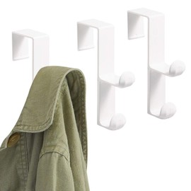 iDesign Over The Door Plastic Dual Hook Hanger for Coats, Jackets, Hats, Robes, Towels, Ideal for Bathroom, Bedroom, Mudroom, Set of 3, White