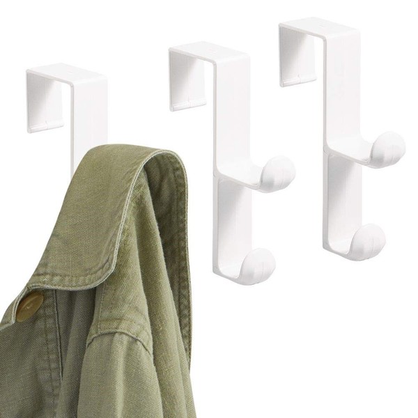 iDesign Over The Door Plastic Dual Hook Hanger for Coats, Jackets, Hats, Robes, Towels, Ideal for Bathroom, Bedroom, Mudroom, Set of 3, White