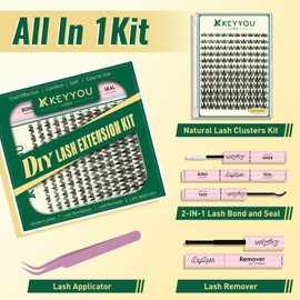 KEYYOULASH DIY Lash Extension Kit 120pcs Eyelash Clusters Eyelash Extension Kit with Bond and Seal,Remover,Applicators for beginner at Home (KY07)