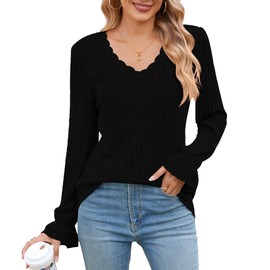 TASAMO Women's Casual Tunic Tops Soft Textured Knitted V Neck Long Sleeve Shirts for Women Going Out Black