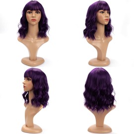 BERRYLION Wigs for Women|Short Bob Wig with Bangs|Synthetic Wavy Bob Wig With Air Bangs (Dark Purple)