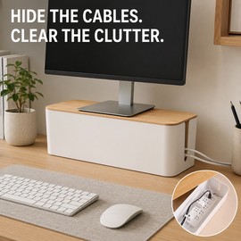XL Cable Management Box with Wooden Lid, Large Power Strip and Cable Organizer for Desk, Office & Home