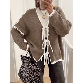 ZESICA Women's Tie Front Bow Cardigan Sweaters 2025 Casual Long Sleeve Knit Color Block Fall Winter Clothing Coats,Camel,Medium