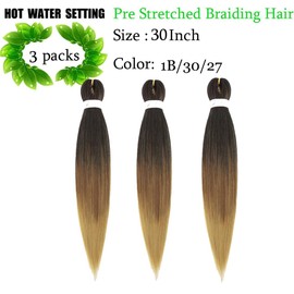 Pre Streched Braiding Hair Extensions 30 Inch 3 Packs Black to Brown to Light Brown Synthetic Colored Braiding Hair Crochet Braids Hair Hot Water Setting Soft Yaki Texture (30",1B3027#)