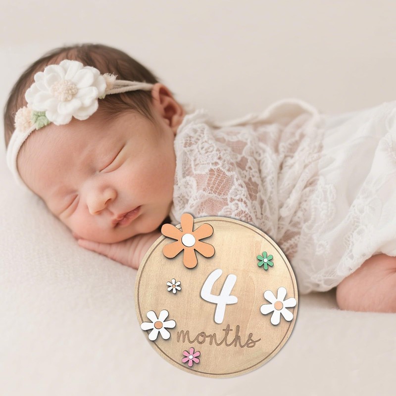 Baby Monthly Wooden Milestone Cards, 0-12 Months Baby Growth Record