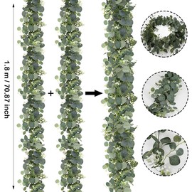 Pack of 2 Eucalyptus Garland, 1.8 m Eucalyptus Decoration with White Flower, Artificial Hanging Plants, Artificial Garland Plant, Hanging Green Leaves Decoration for Table Decoration, Wedding