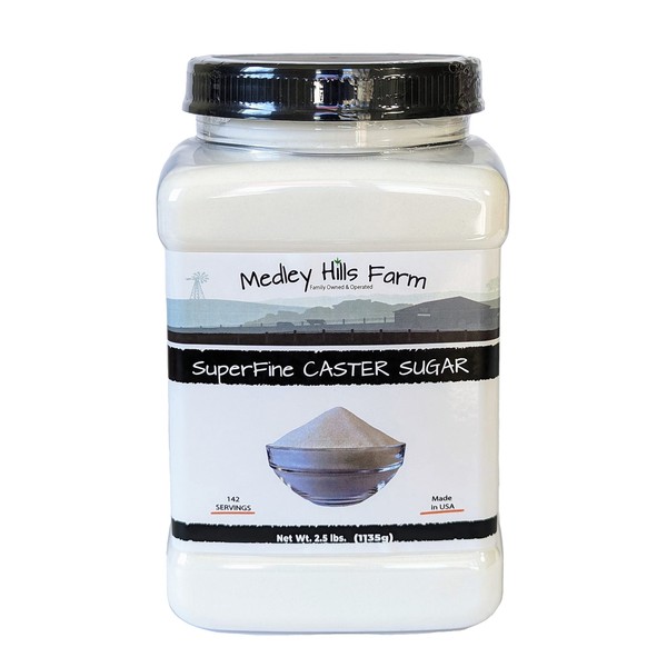 Superfine Caster Sugar By Medley Hills Farm in Reusable Container 2.5 lbs. - superfine sugar for baking of homemade treats, icing sugar, cakes - Product of USA