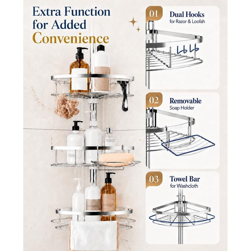 SEIRIONE Rustproof Shower Corner Caddy Organizer for Bathroom, 4 Adjustable