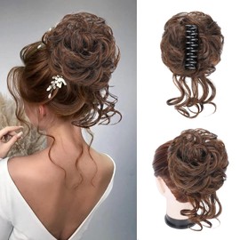 Foaoit Claw Clip Messy Bun Hair Piece Wavy Curly Hair Bun Clip in Claw Chignon Ponytail Hairpieces Synthetic Tousled Updo Hair Extensions Scrunchie Hairpiece for Women （Natural Black Mix Light Auburn