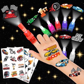 72 PCS Monster Truck Party Favors – 48 PCS Temporary Tattoos & 24 PCS LED Finger Lights Combo – Birthday Goodie Bag Fillers, Light Up Toys, Party Supplies for Kids
