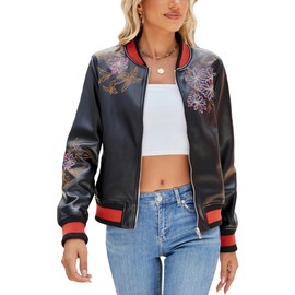 Bellivera Leather Bomber Jackets for Womens Spring Clothes Soft Casual Short Floral Motorcycle Biker Coat W905 Black M