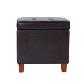 HomePop Leatherette Tufted Square Storage Ottoman with Hinged Lid, Brown Small