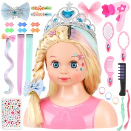 Styling Head Doll for Kids with 25-Piece Hairdressing Set - Colourful Extensions, Royal Accessories & Washable Chalk - Make Up Dolls Head for Girls Aged 3+, Gifts Birthday Role Play Toys