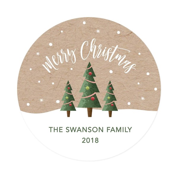Andaz Press Personalized Christmas Round Circle Gift Sticker Labels, Christmas Trees on Kraft Brown, Merry Christmas 40-Pack, Custom Name Year, Stationery Packaging Envelope Letter Label