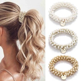 Generse Pearl Hair Scrunchies with Rhinestones Ponytail Holder Pearl Hair Scrunchies Elastic Hair Bands Hair Accessories for Women and Girls (3 Pack)