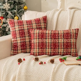 Pack of 2 Christmas Plaid Decorative Throw Pillow Covers Snowflake Tartan Scottish Cushion Cover for Sofa Couch Farmhouse Holiday Decor Red and Yellow, 12x20 Inch