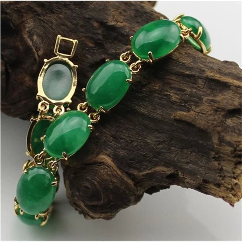 yigedan 18KGP Green Jade Natural Stone Egg Shaped Bracelet for