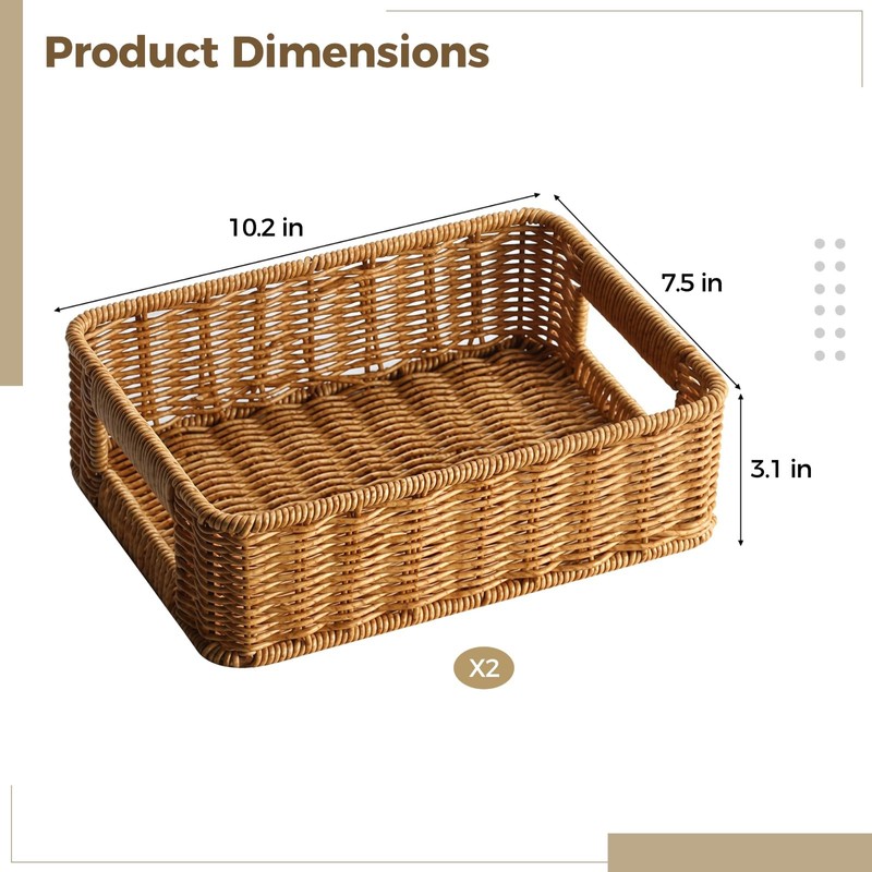 2 Pack Faux Rattan Serving Trays with Handles, Brown Plastic