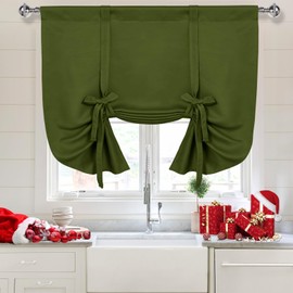 DWCN Blackout Curtains-Tie Up Shade for Window Thermal Insulated Room Darkening Rod Pocket Curtains for Kitchen, Olive Green, W34 X L45 Inches, 1 Panel