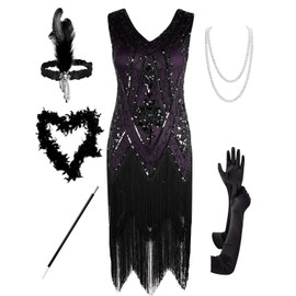 PrettyGuide Women's Roaring 20s Dress Vintage Swing Fringed Flapper Dress with 20s Accessories Set Black Purple L