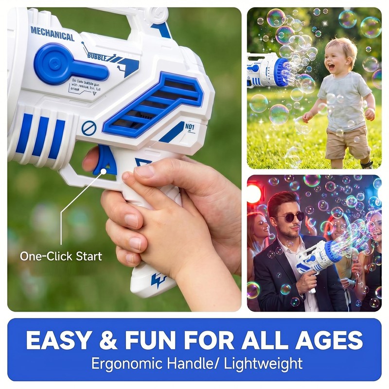 Bubble Gun for Kids, 69-Hole Bubble Blaster with LED Lights,