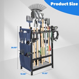 SAMRELAX Garden Tool Rack Freestanding, Heavy Duty Garden Tool Organizer, 3-tier Tool Rack, Multifunctional Yard Tool Storage with Hooks and Storage pockets for Outdoor Long-Handled Broom Shovel Rake