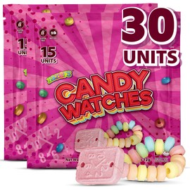 30 Candy Bracelet Watches Party Favors - Pack of 30 Pink Individually Wrapped Candy Bracelets with Colorful Fruit Flavor - Stretchable, Edible, Fruity Flavor Rainbow Candies for Party Favor Supplies