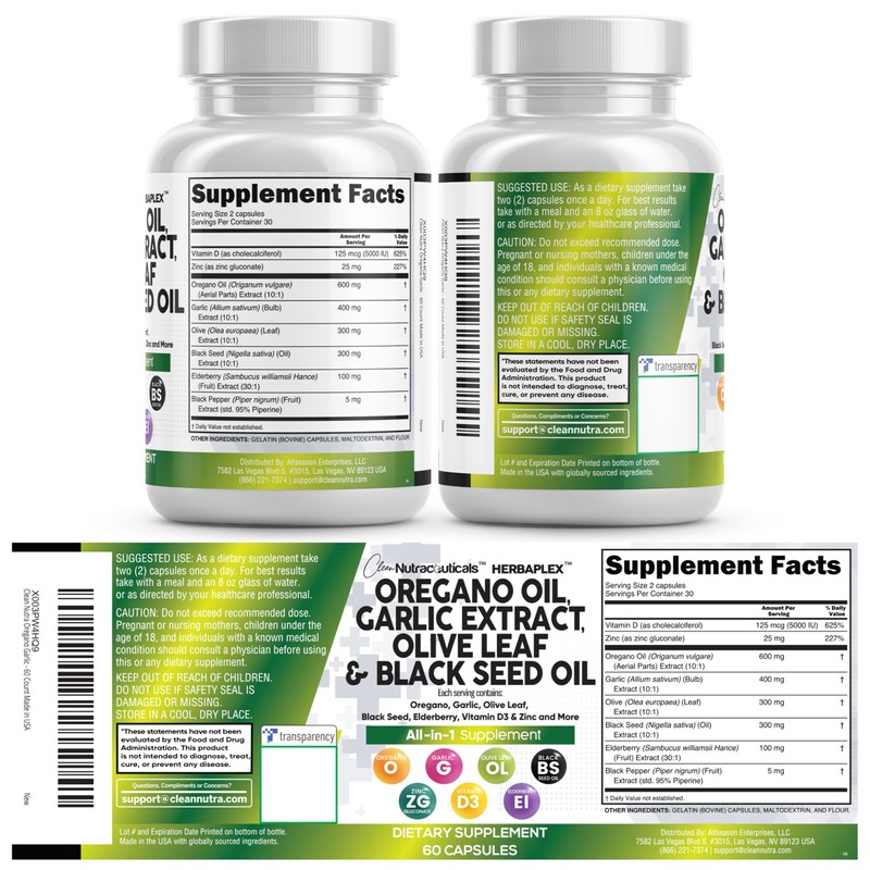 Clean Nutra Oregano Oil with Black Seed Oil Garlic Olive