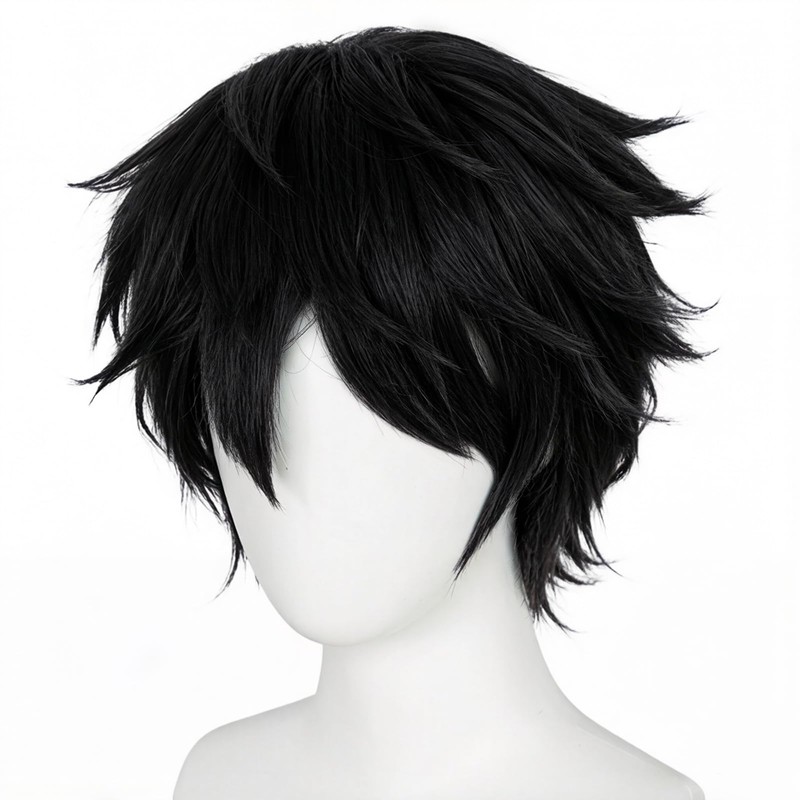 TIKJOYS Short Black Layered Wig for Men Fluffy Wig Black