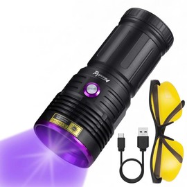 ALONEFIRE SV84 365nm UV Flashlight Strong 45W USB C Rechargeable Black Light for Pet Urine Detection, Resin Curing, Scorpion, Fishing, Minerals, Cure Glue with UV Protective Glasses, 4PCS Battery