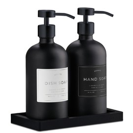 Glass Soap Dispenser Set of 2 (Black) with Silicone Tray | Hand and Dish Soap Dispenser for Kitchen and Bathroom | 16.8 Oz Glass Bottles with Stainless Steel Pump & 15 Waterproof Labels (Black)