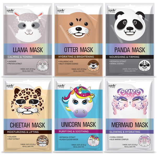 Epielle Character Sheet Masks | Llama, Mermaid, Panda, Cheetah, Unicorn, Otter | Korean Beauty Mask -For All Skin Types, (Pack of 6)