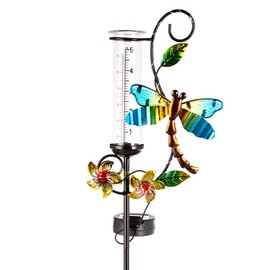 Stargarden Rain Gauge Outdoor, Metal Dragonfly Rain Gauge with 5 inch Glass Tube, Decorative Solar Rain Gauge with LED Lights for Yards, Lawns, Pathways, Patios