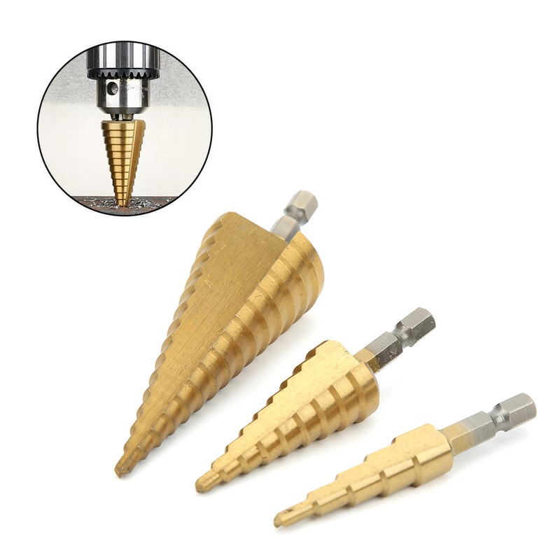 3Pcs Step Cone Drill Bit 6.35mm Hex Shank High Speed