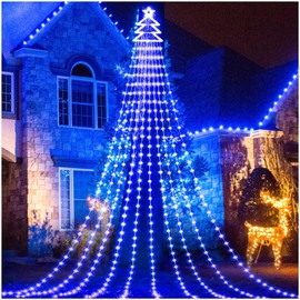 Gorrzai Outdoor Christmas Decorations Star String Lights 420 LED Waterproof Waterfall Lights with Christmas Tree Topper, 8 Lighting Modes String Lights for Tree Yard Patio Garden Party (Blue)