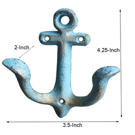 KiaoTime (Blue) Vintage Rustic Cast Iron Nautical Anchor Design Wall Hooks Coat Hooks Rack, Decorative Wall Mounted Antique Shabby Chic Metal Home Bathroom Towel Coat Hooks Hanger