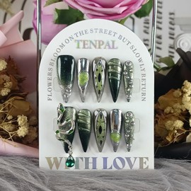 TENPAL Long Stiletto Press on Nails,Gothic Punk Green Cat Eye Nails Glow&3D Snake with Gem,Black Silver Metallic Fake Nails Kits,10pcs S Sizes Soft Gel False Nails with Steel Bead for Party Gifts(S)
