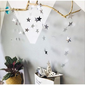 Yuccer 2 Pack Paper Garland Decorations Glitter Star Garland Hanging Star Decorations for Wedding Bridal Baby Showers Birthday Christmas Party Decorations (Silver)