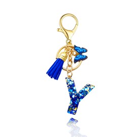 Initial Letter Keychains for Girls Women Pink Blue Golden，Tassel Butterfly Pendant Key Ring for Purse Handbags School Bag, Blue