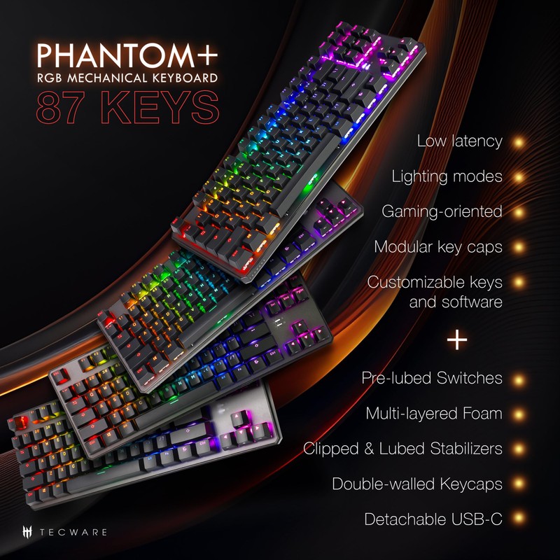 TECWARE Phantom+ 87 Key Mechanical Gaming Keyboard, RGB led, TKL